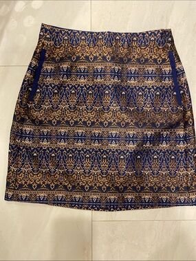 Massimo Dutti Navy and Gold Jacquard Mini Skirt